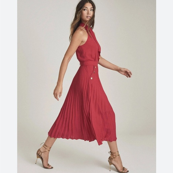 Reiss Pink Nina Halterneck Pleated Midi Dress size 6 - Picture 3 of 10